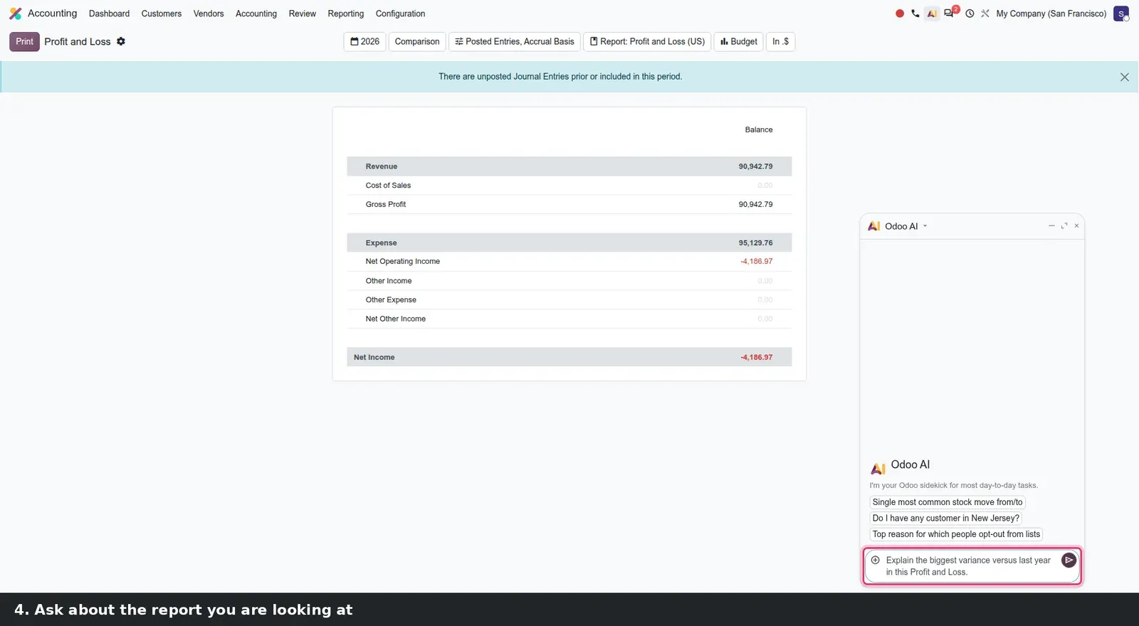 Step 3: Animated steps asking AI about the P&L