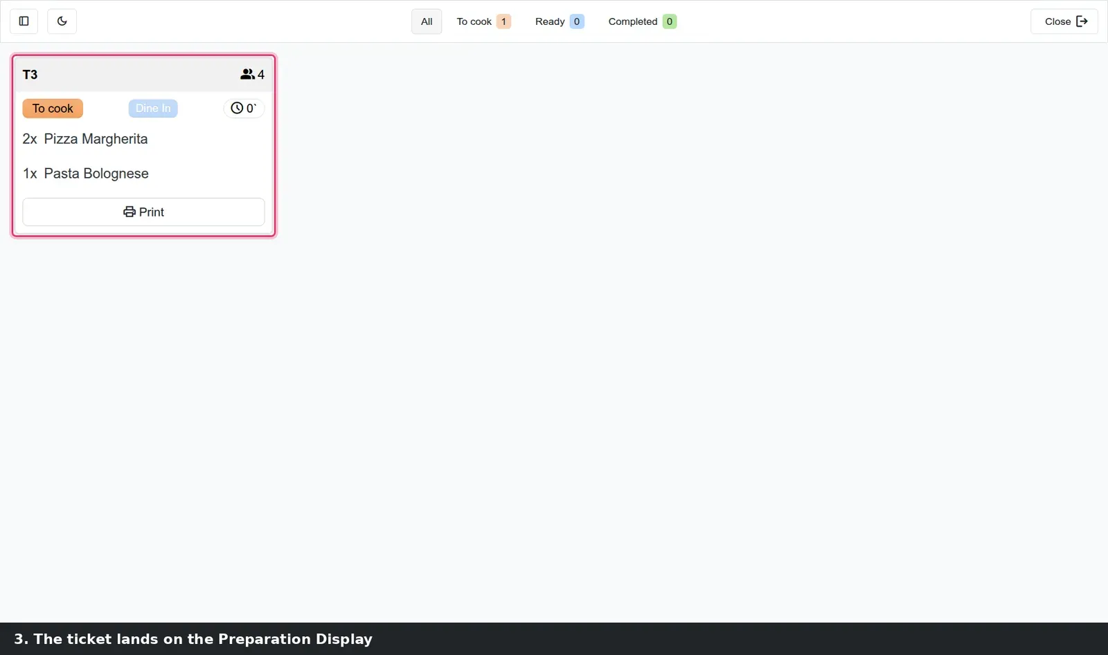 Step 2: Animated tutorial sending a restaurant order to the kitchen display and bumping it to Ready.