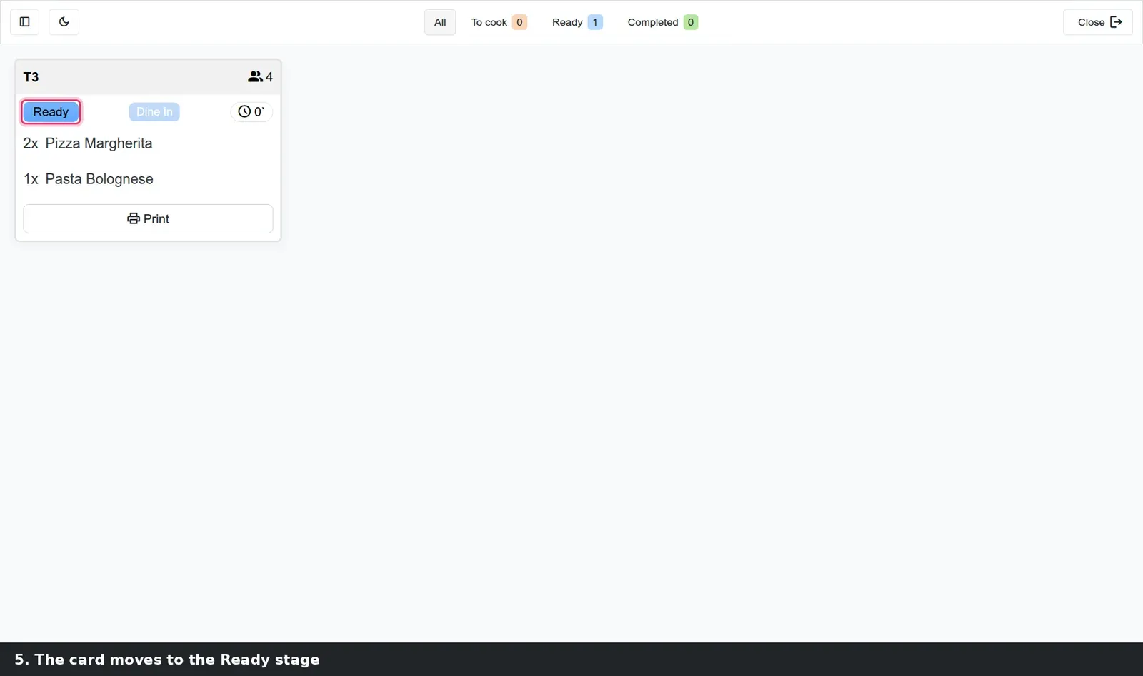 Step 3: Animated tutorial sending a restaurant order to the kitchen display and bumping it to Ready.