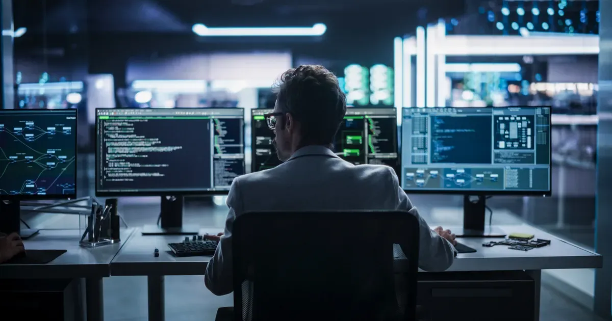Engineer viewed from behind working at a multi-monitor workstation displaying code and system dashboards in a production office environment
