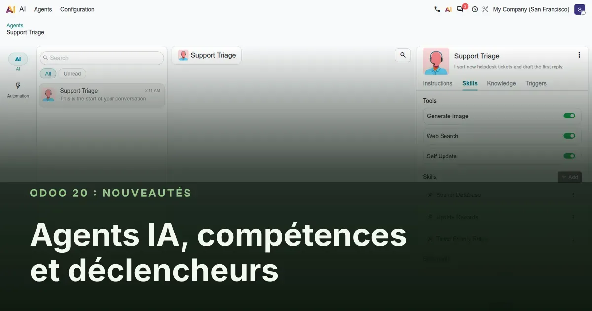 Agents IA, compétences et déclencheurs : capture d'écran d'Odoo 20 derrière le titre de l'article