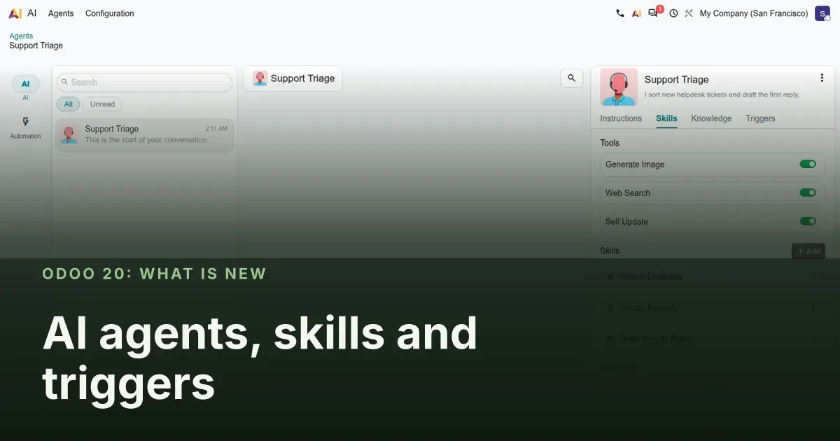 AI agents, skills and triggers: Odoo 20 screenshot behind the article title