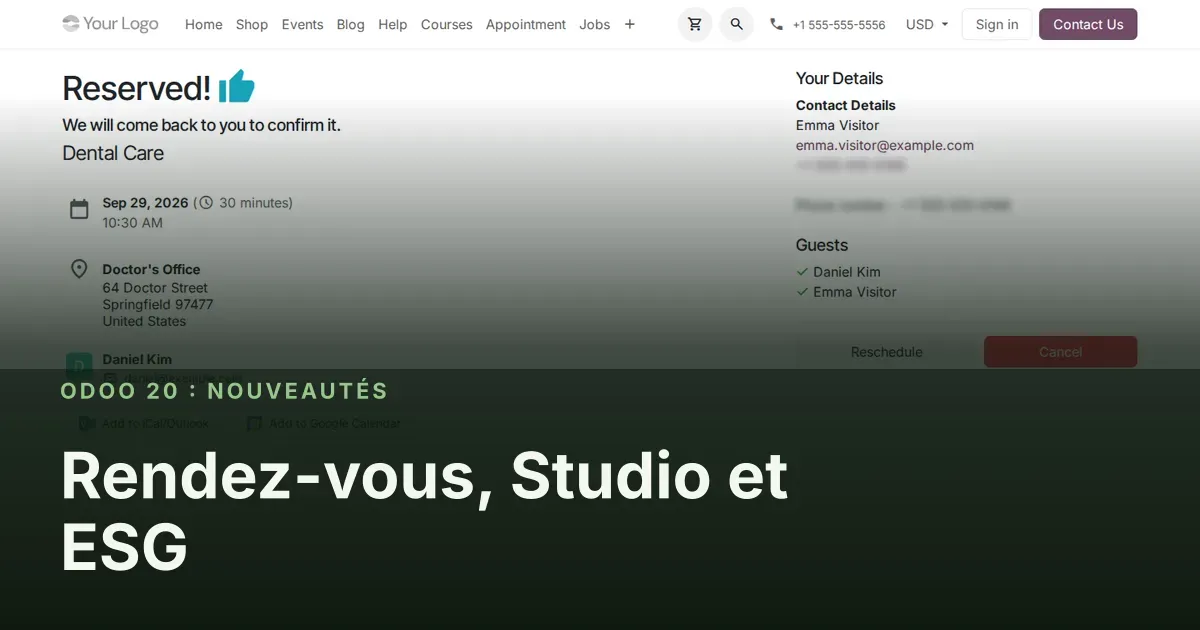 Rendez-vous, Studio et ESG : capture d'écran d'Odoo 20 derrière le titre de l'article