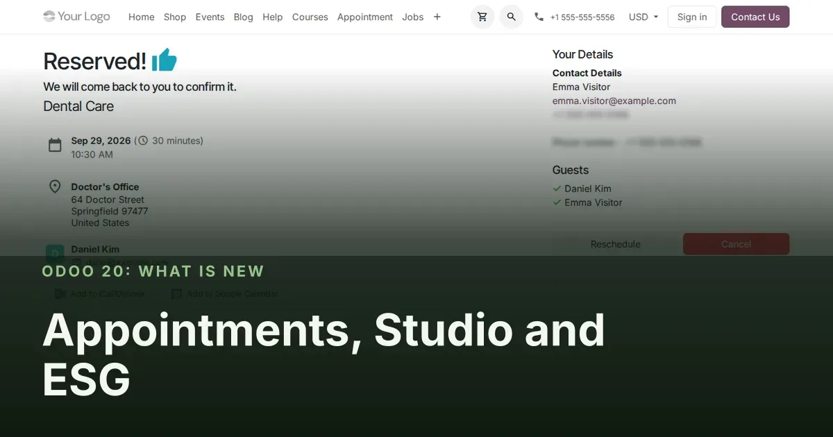 Appointments, Studio and ESG: Odoo 20 screenshot behind the article title