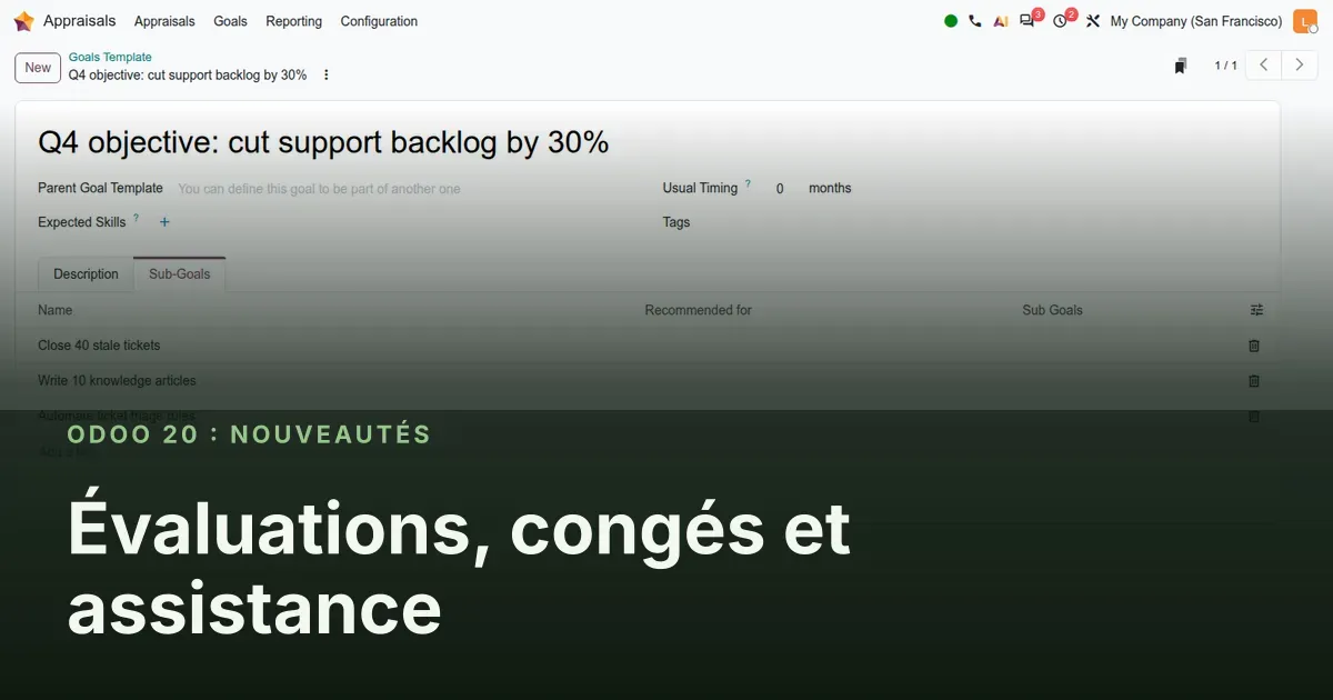 Évaluations, congés et assistance : capture d'écran d'Odoo 20 derrière le titre de l'article