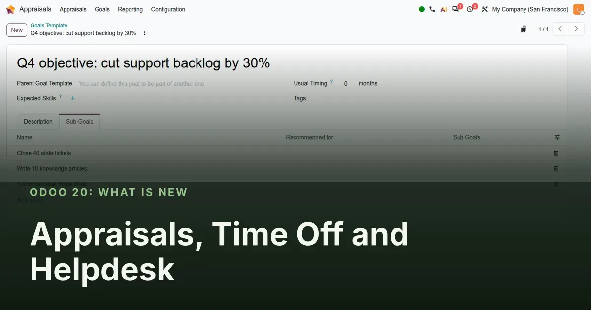 Appraisals, Time Off and Helpdesk: Odoo 20 screenshot behind the article title