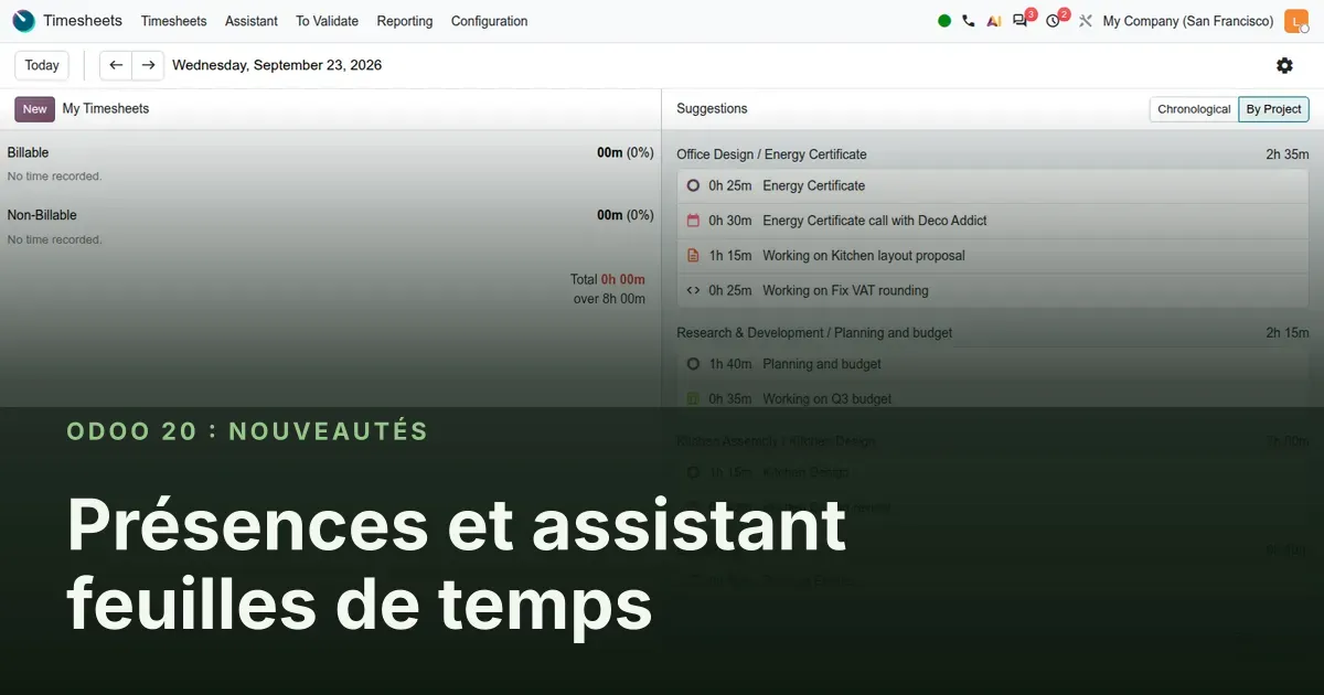 Présences et assistant feuilles de temps : capture d'écran d'Odoo 20 derrière le titre de l'article