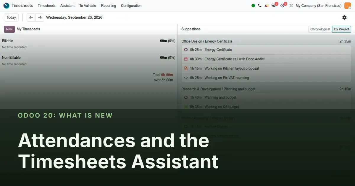 Attendances and the Timesheets Assistant: Odoo 20 screenshot behind the article title