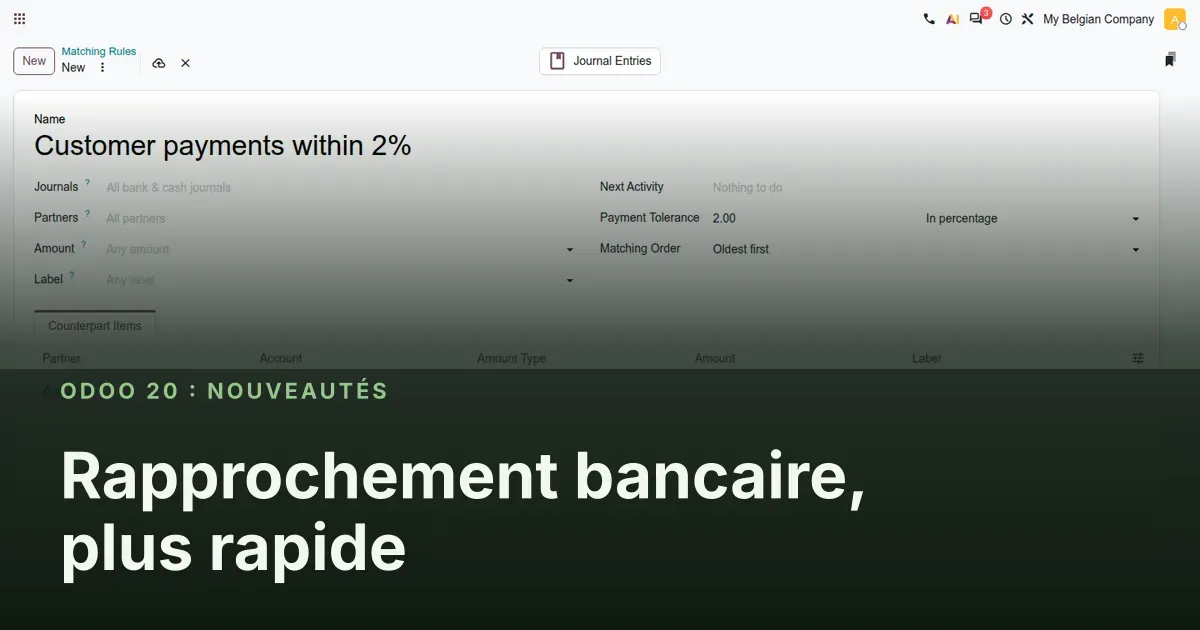 Rapprochement bancaire, plus rapide : capture d'écran d'Odoo 20 derrière le titre de l'article