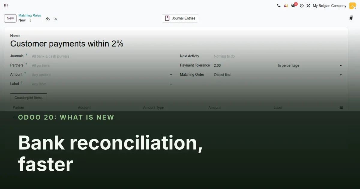 Bank reconciliation, faster: Odoo 20 screenshot behind the article title