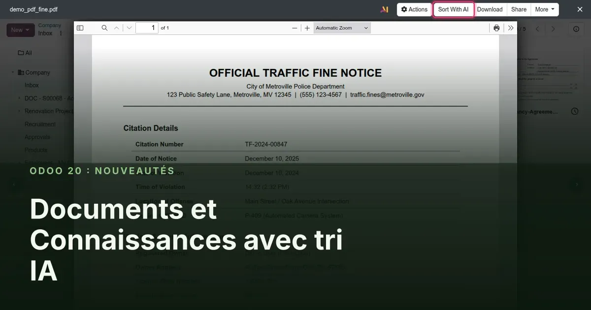Documents et Connaissances avec tri IA : capture d'écran d'Odoo 20 derrière le titre de l'article