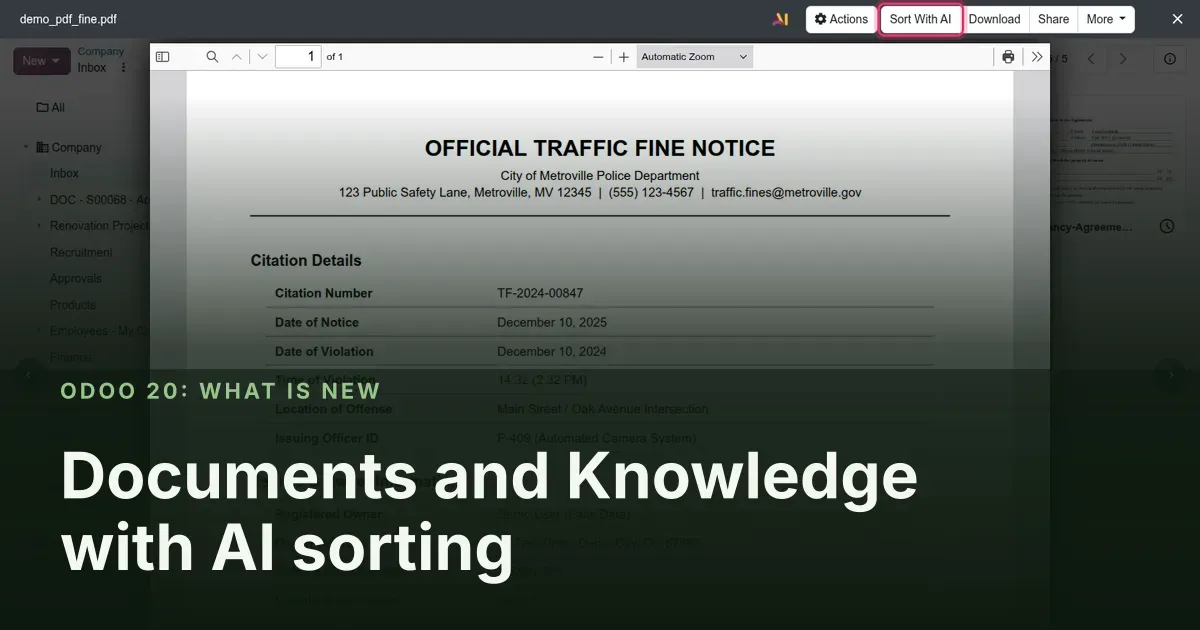 Documents and Knowledge with AI sorting: Odoo 20 screenshot behind the article title