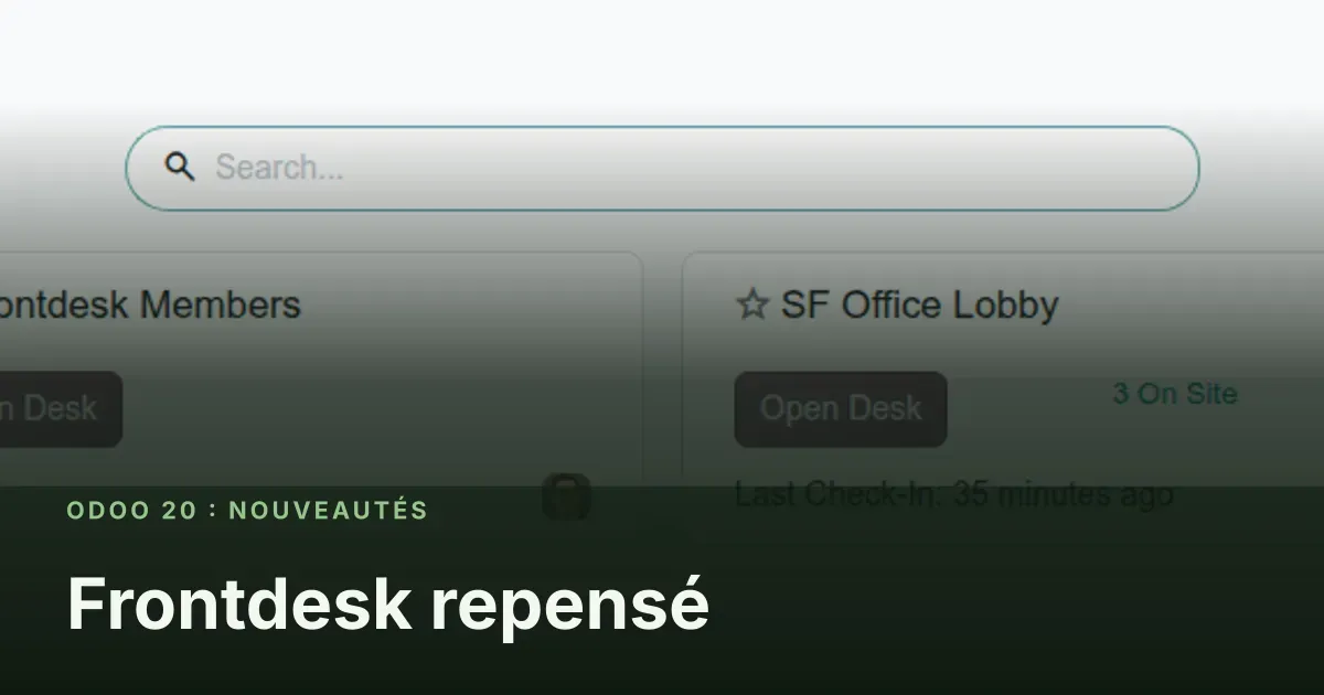 Frontdesk repensé : capture d'écran d'Odoo 20 derrière le titre de l'article