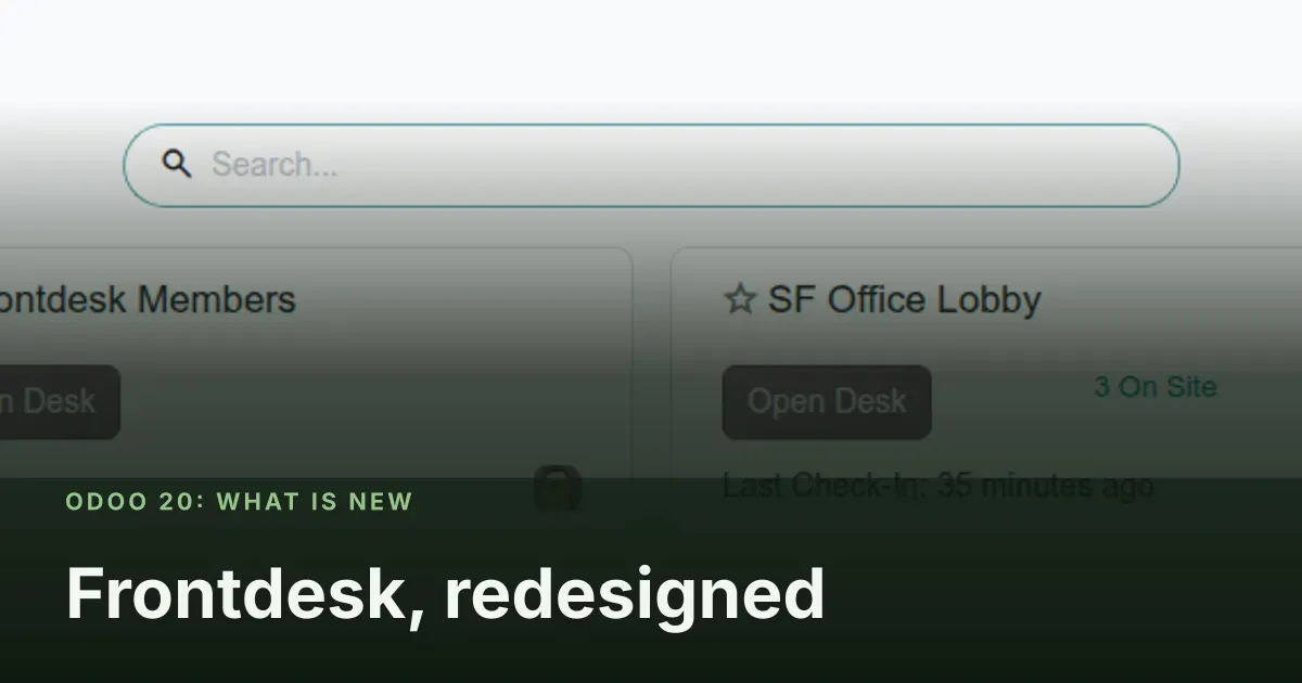 Frontdesk, redesigned: Odoo 20 screenshot behind the article title