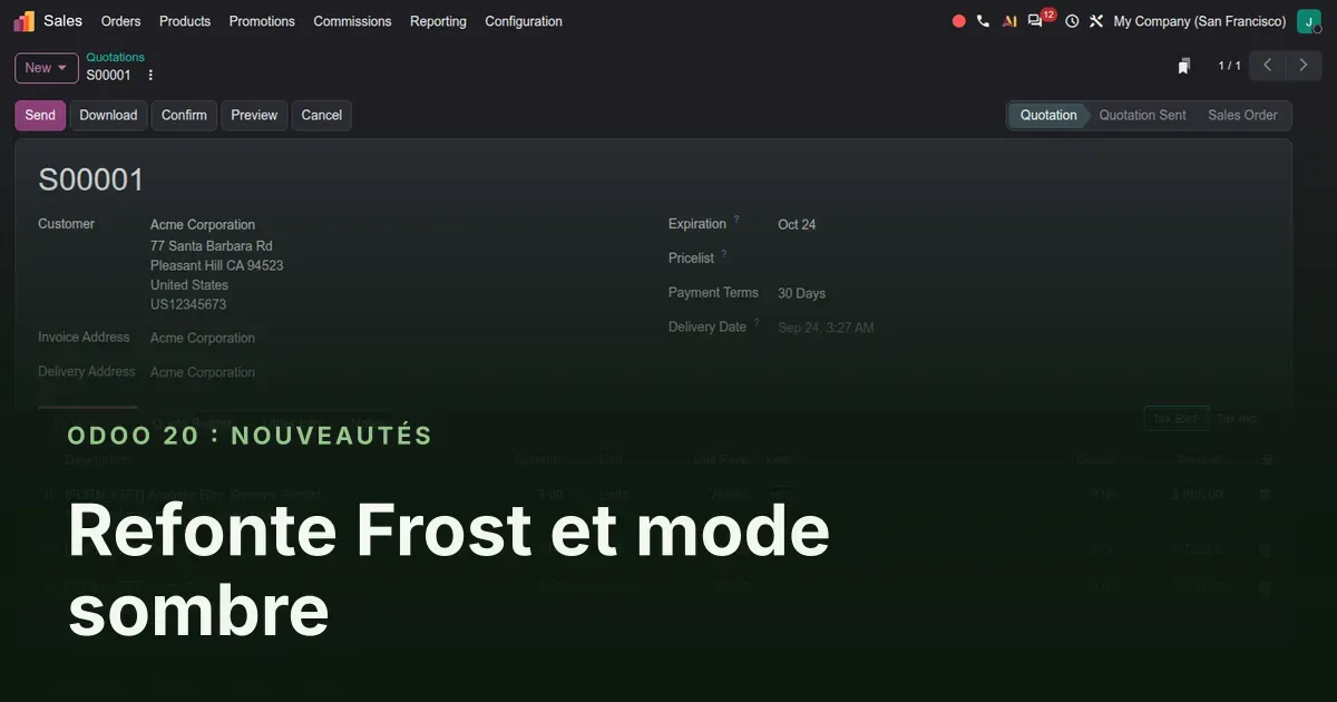 Refonte Frost et mode sombre : capture d'écran d'Odoo 20 derrière le titre de l'article