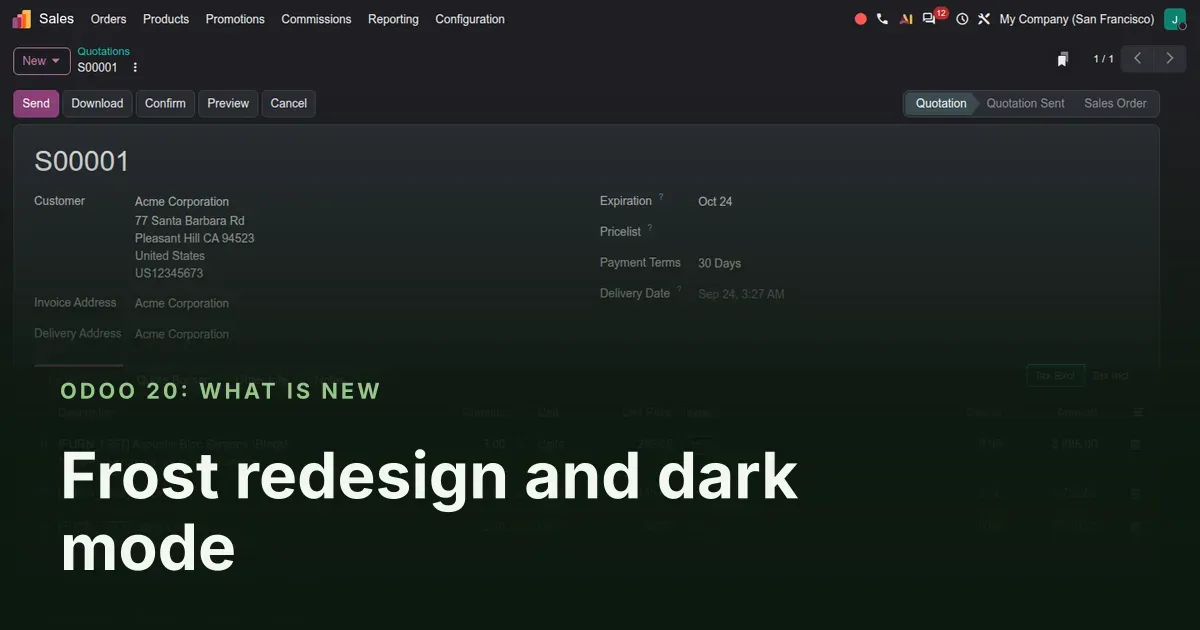 Frost redesign and dark mode: Odoo 20 screenshot behind the article title