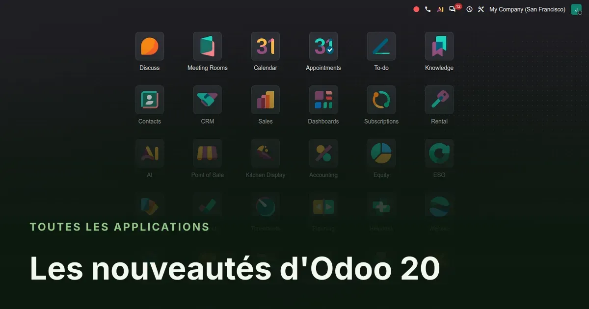 Les nouveautés d'Odoo 20 : capture d'écran d'Odoo 20 derrière le titre de l'article