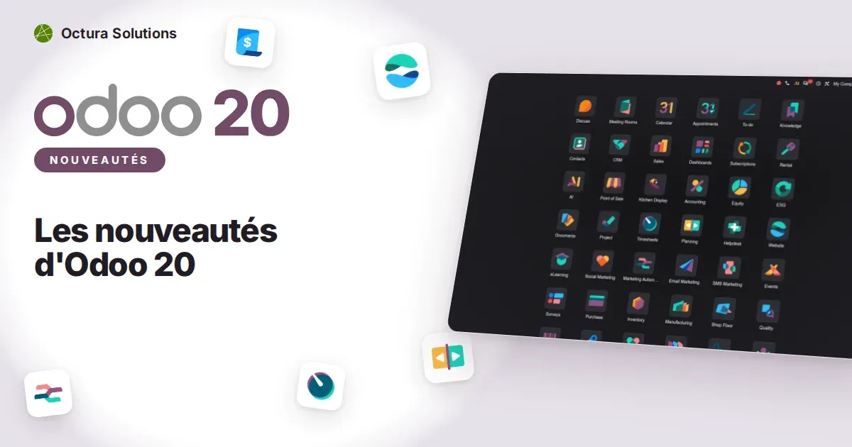 Les nouveautés d'Odoo 20 : capture d'écran d'Odoo 20 derrière le titre de l'article