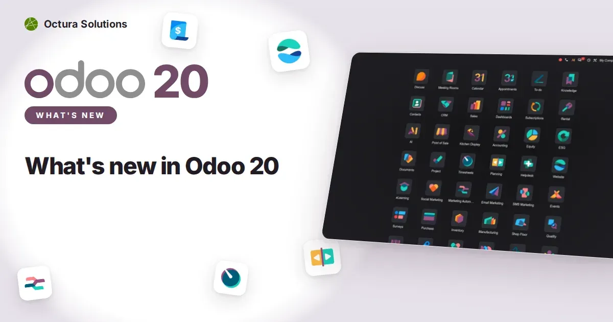 What's new in Odoo 20: Odoo 20 screenshot behind the article title