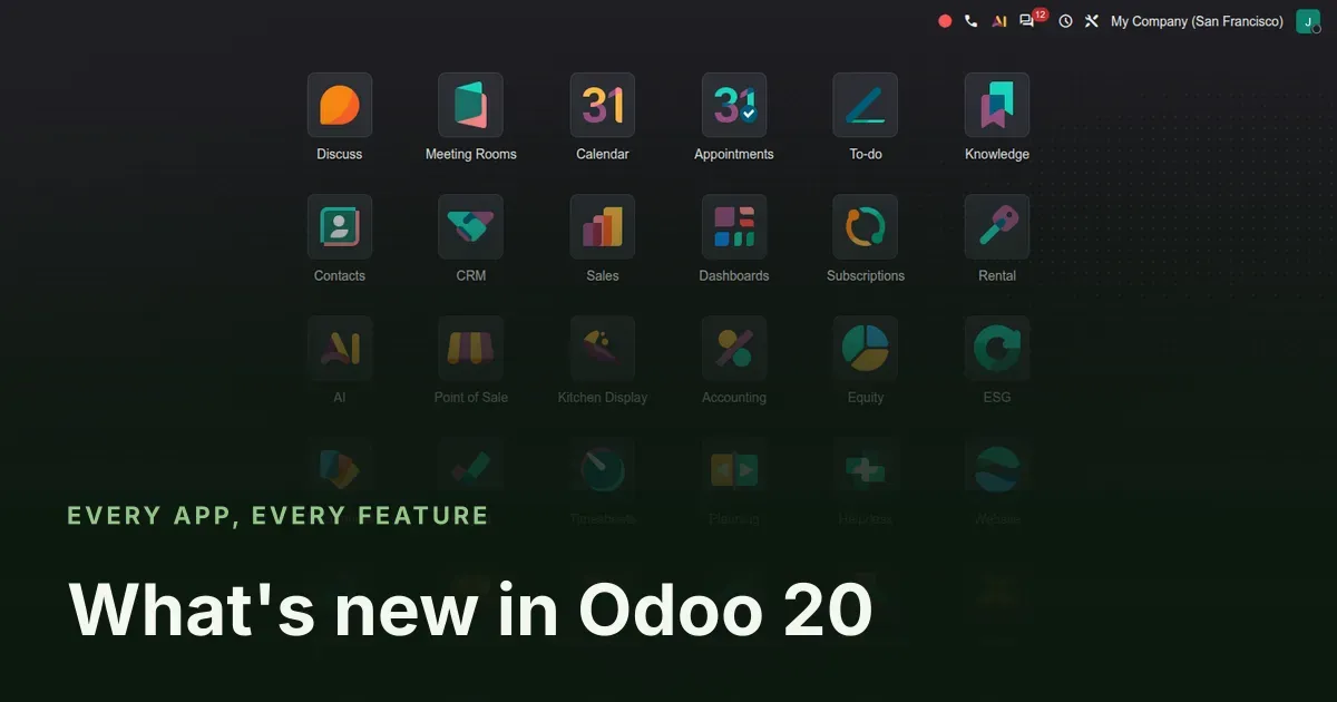 What's new in Odoo 20: Odoo 20 screenshot behind the article title