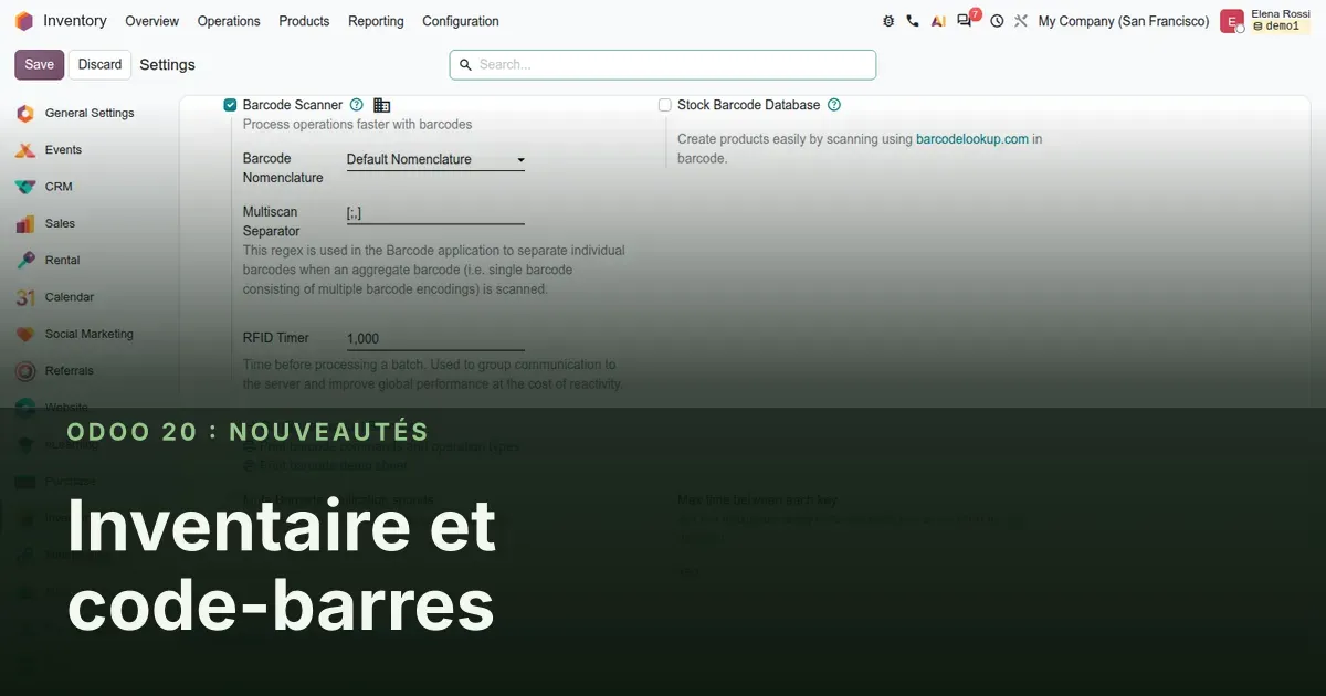 Inventaire et code-barres : capture d'écran d'Odoo 20 derrière le titre de l'article