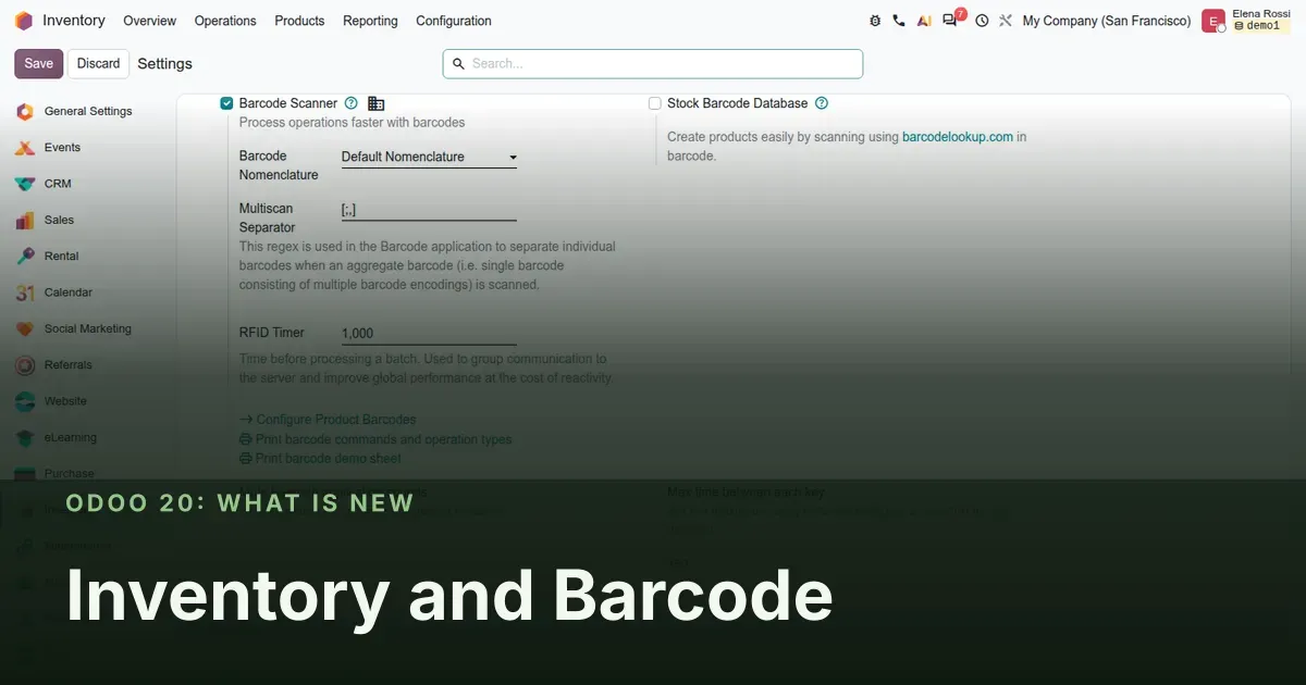 Inventory and Barcode: Odoo 20 screenshot behind the article title