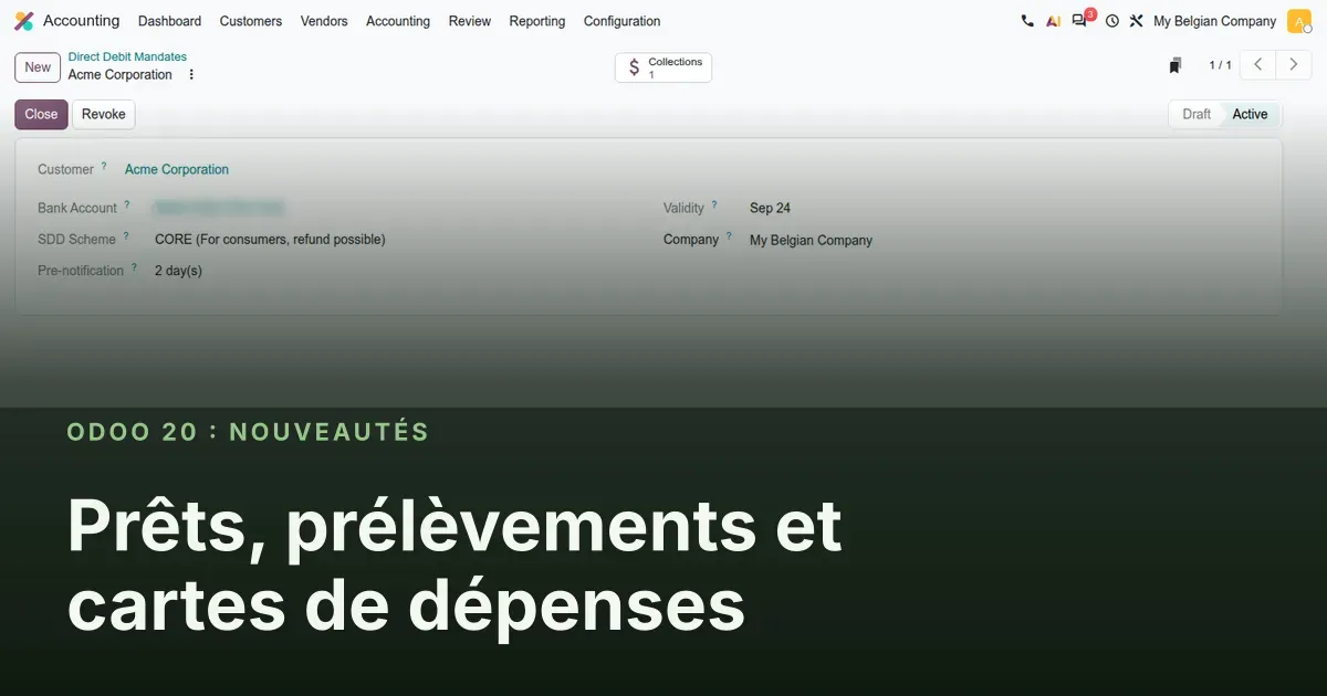 Prêts, prélèvements et cartes de dépenses : capture d'écran d'Odoo 20 derrière le titre de l'article