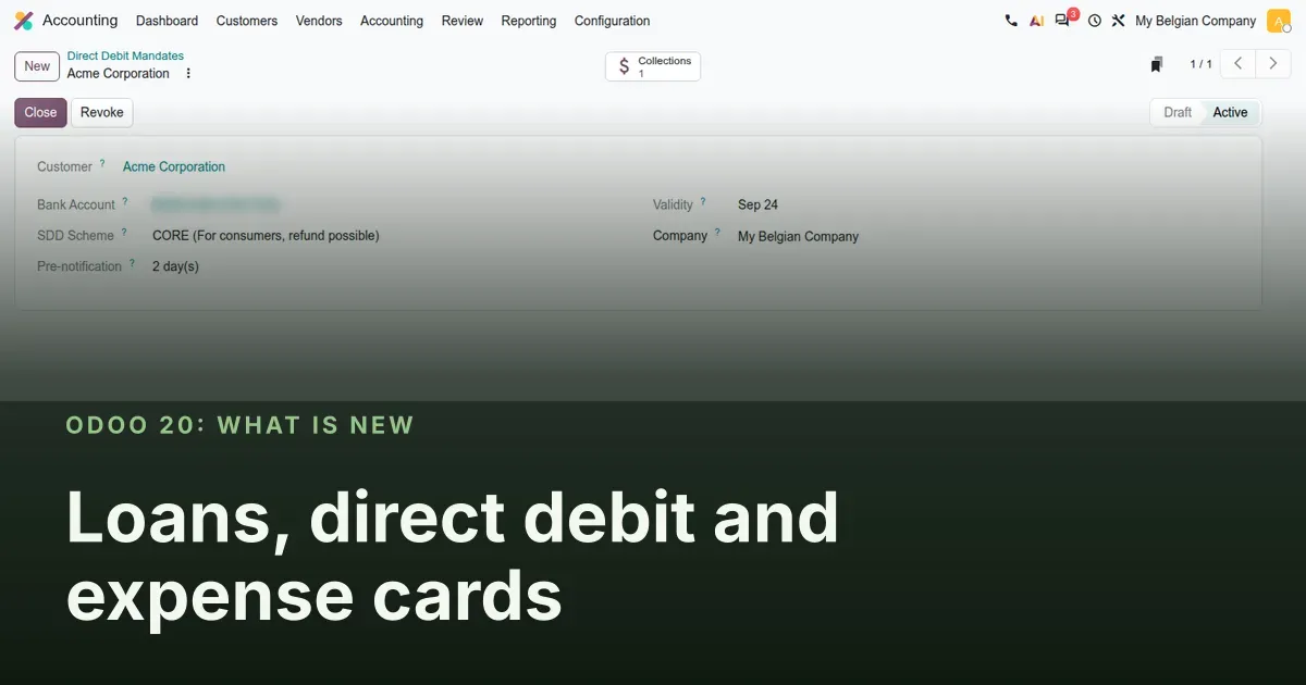 Loans, direct debit and expense cards: Odoo 20 screenshot behind the article title