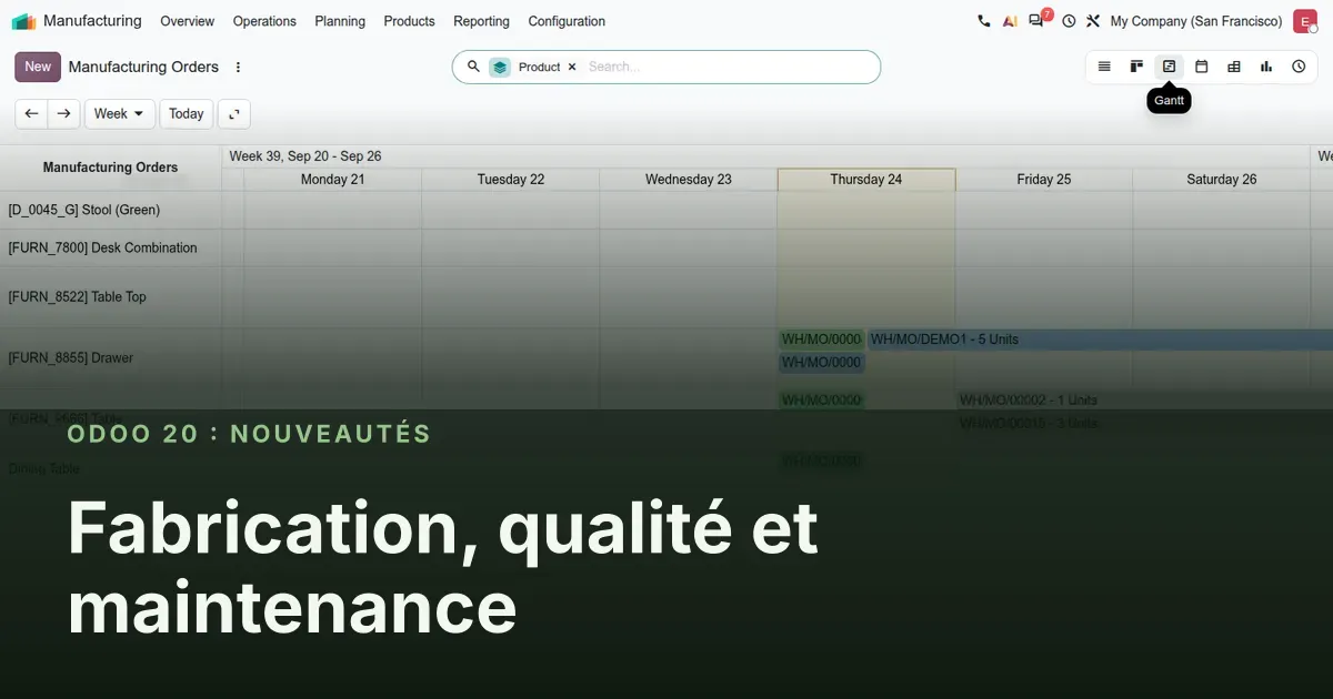 Fabrication, qualité et maintenance : capture d'écran d'Odoo 20 derrière le titre de l'article