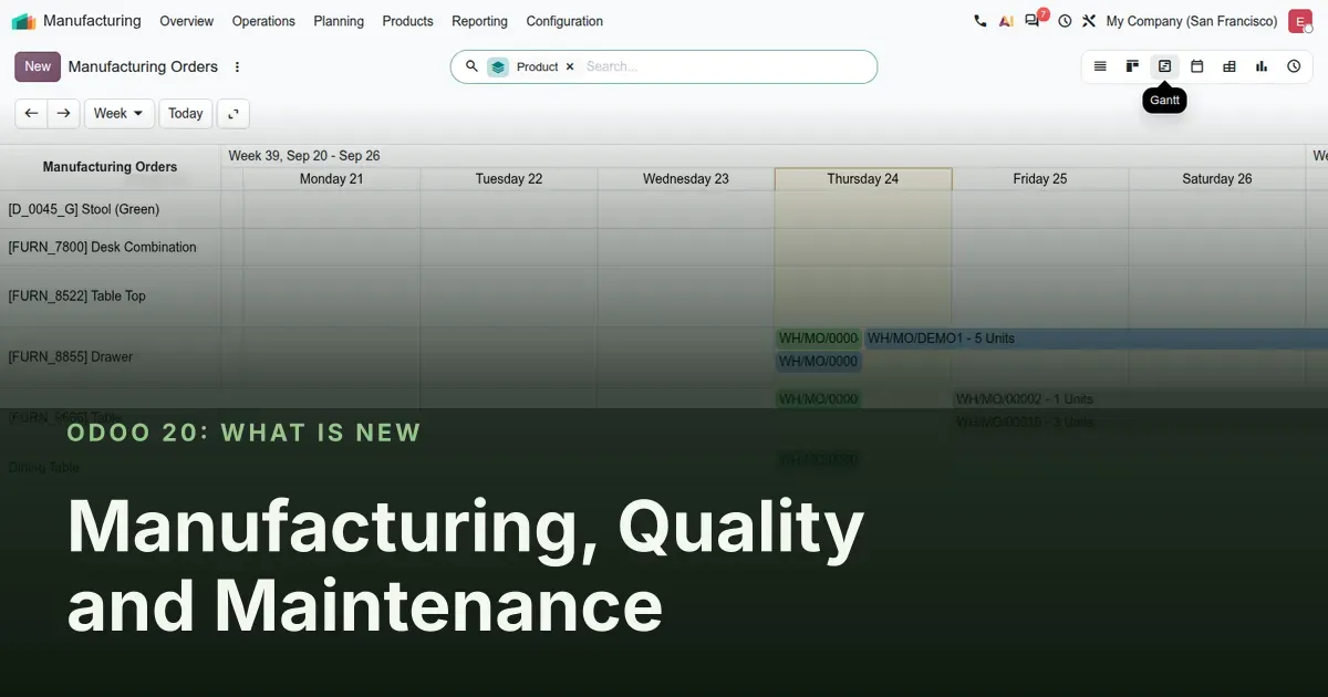 Manufacturing, Quality and Maintenance: Odoo 20 screenshot behind the article title