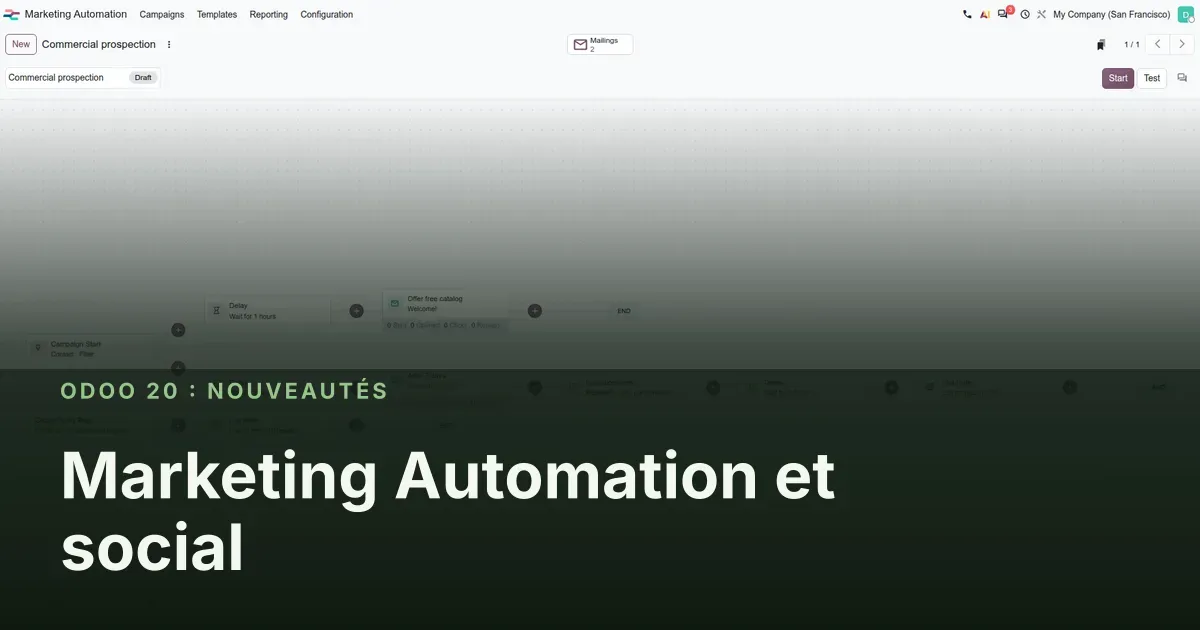 Marketing Automation et social : capture d'écran d'Odoo 20 derrière le titre de l'article