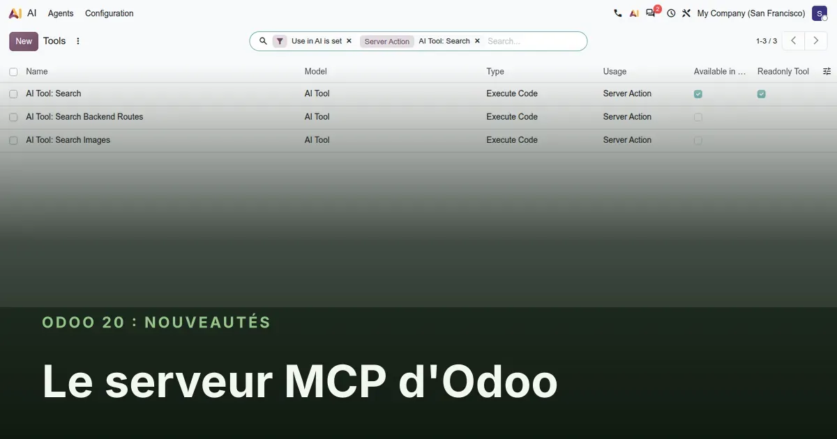 Le serveur MCP d'Odoo : capture d'écran d'Odoo 20 derrière le titre de l'article