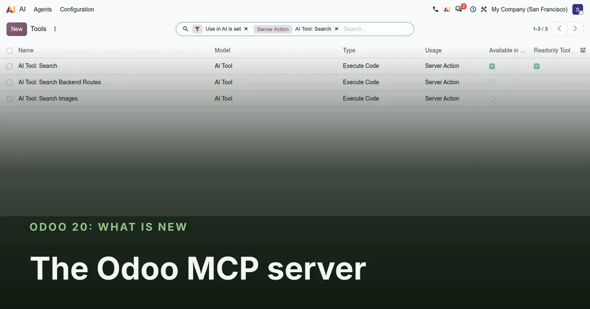 The Odoo MCP server: Odoo 20 screenshot behind the article title