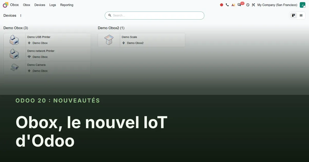 Obox, le nouvel IoT d'Odoo : capture d'écran d'Odoo 20 derrière le titre de l'article