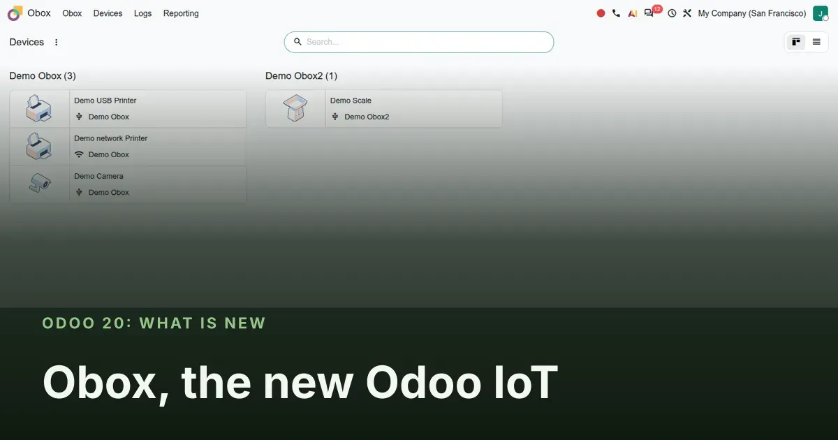 Obox, the new Odoo IoT: Odoo 20 screenshot behind the article title