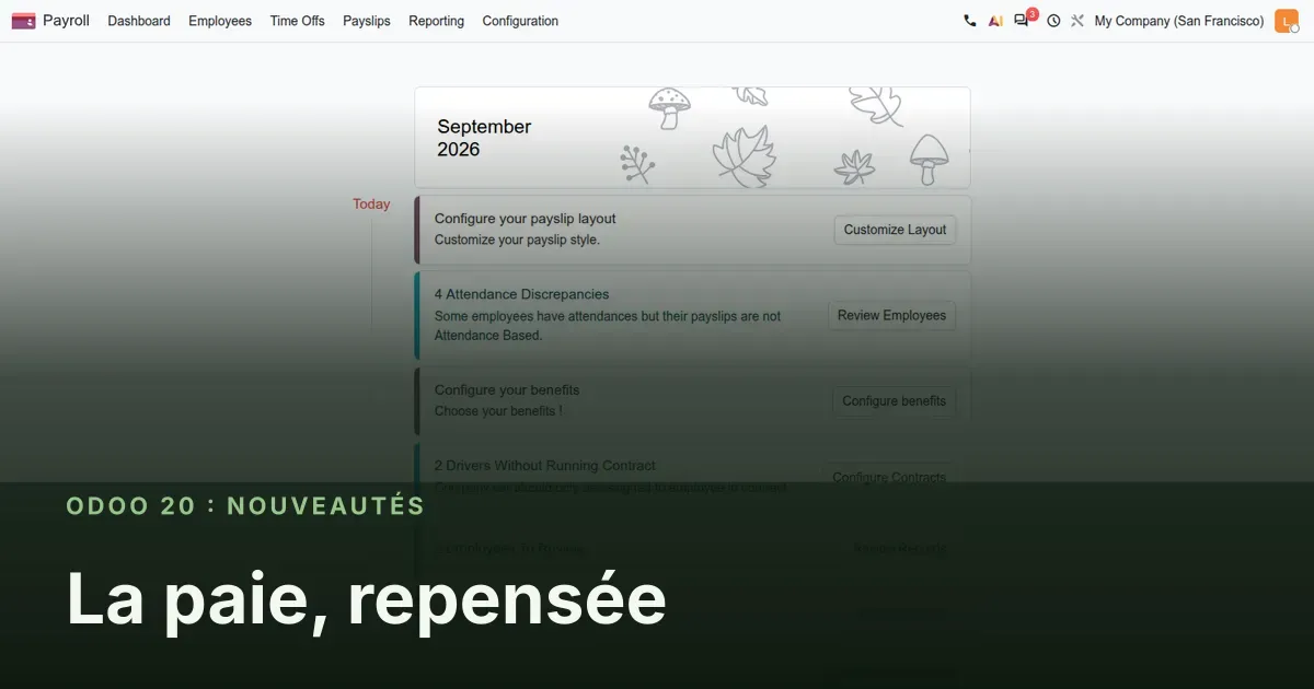 La paie, repensée : capture d'écran d'Odoo 20 derrière le titre de l'article