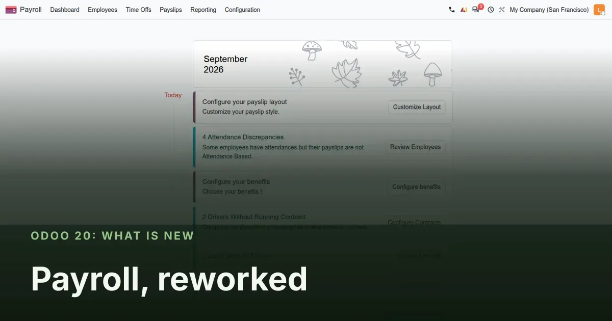 Payroll, reworked: Odoo 20 screenshot behind the article title