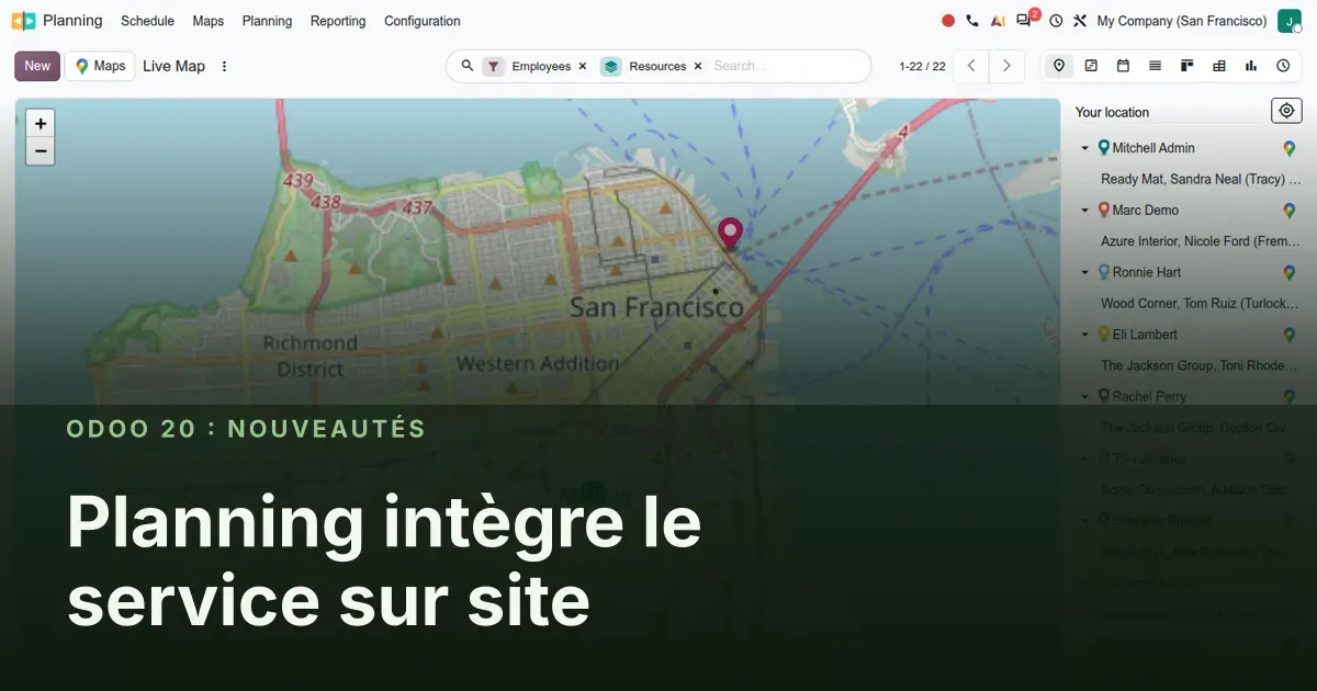 Planning intègre le service sur site : capture d'écran d'Odoo 20 derrière le titre de l'article