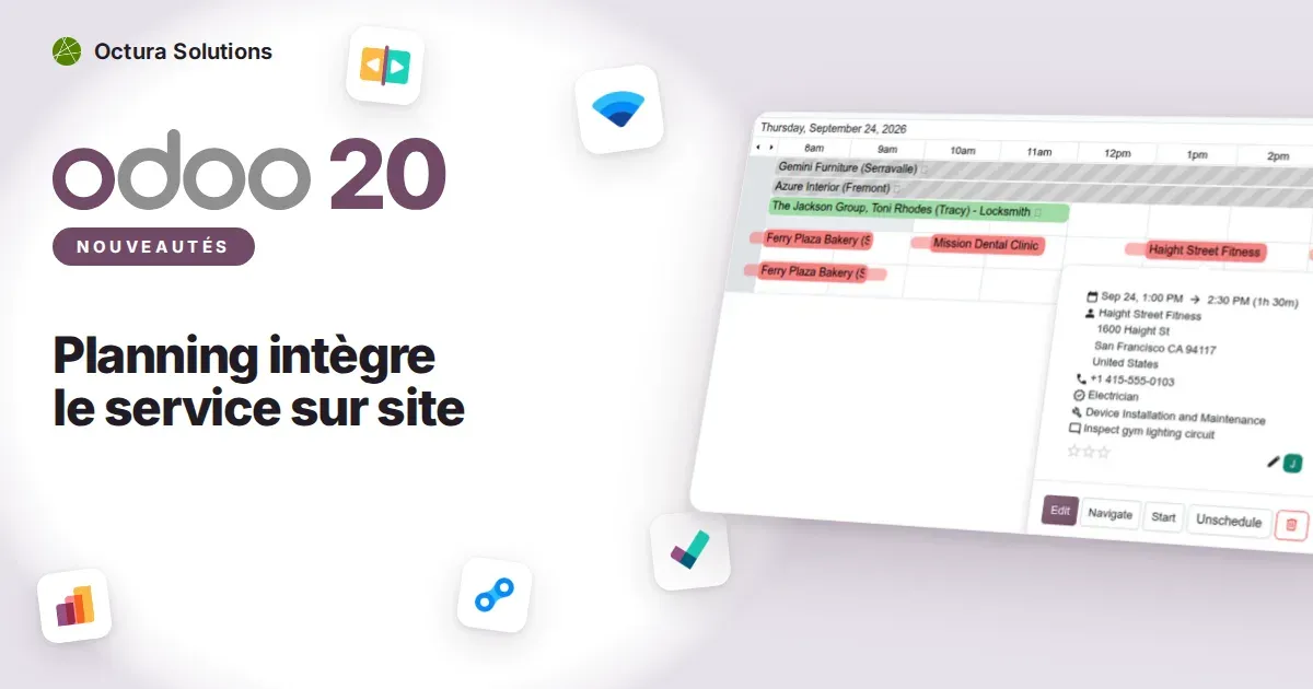 Planning intègre le service sur site : capture d'écran d'Odoo 20 derrière le titre de l'article