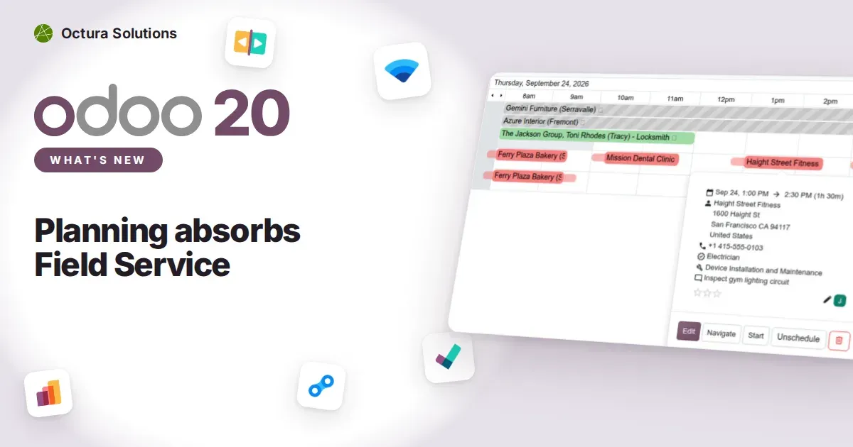 Planning absorbs Field Service: Odoo 20 screenshot behind the article title