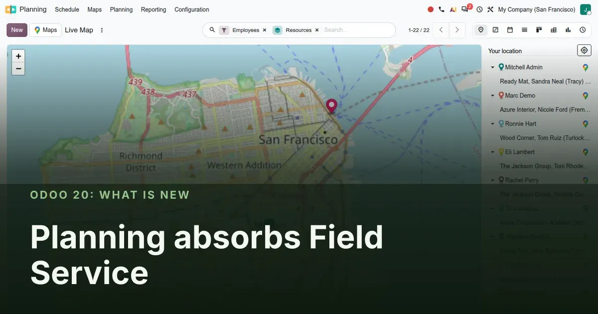 Planning absorbs Field Service: Odoo 20 screenshot behind the article title