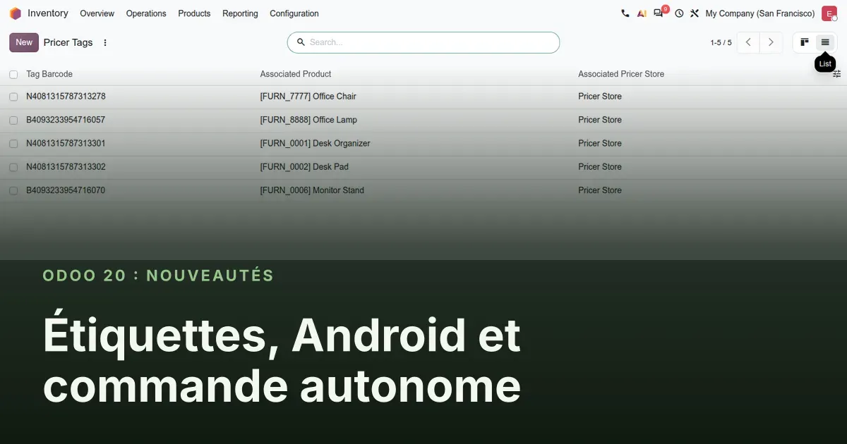 Étiquettes, Android et commande autonome : capture d'écran d'Odoo 20 derrière le titre de l'article