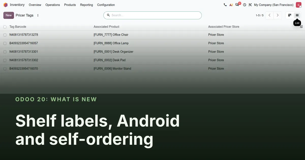 Shelf labels, Android and self-ordering: Odoo 20 screenshot behind the article title