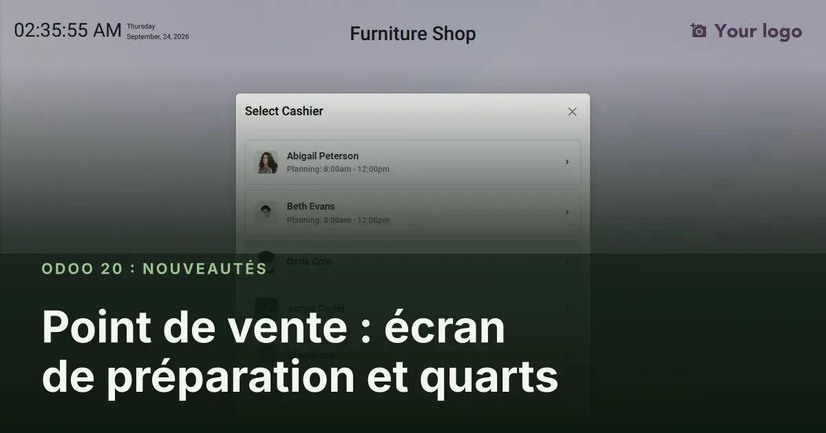 Point de vente : écran de préparation et quarts : capture d'écran d'Odoo 20 derrière le titre de l'article