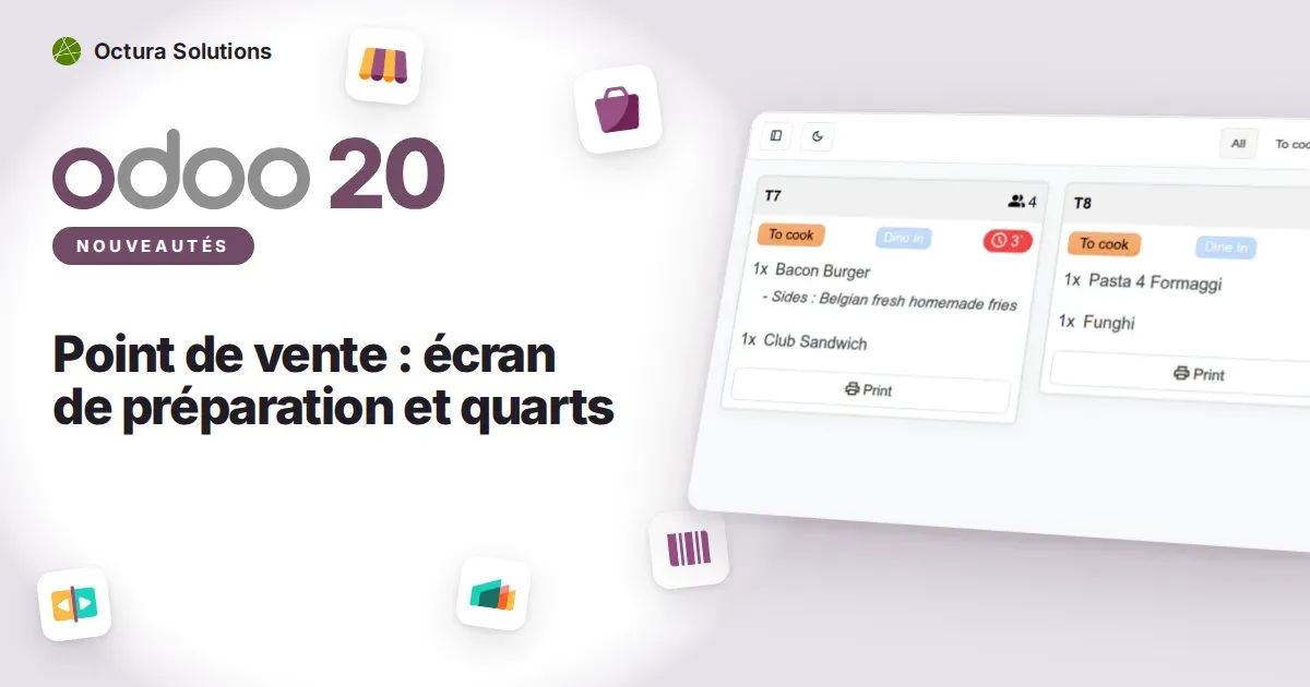 Point de vente : écran de préparation et quarts : capture d'écran d'Odoo 20 derrière le titre de l'article