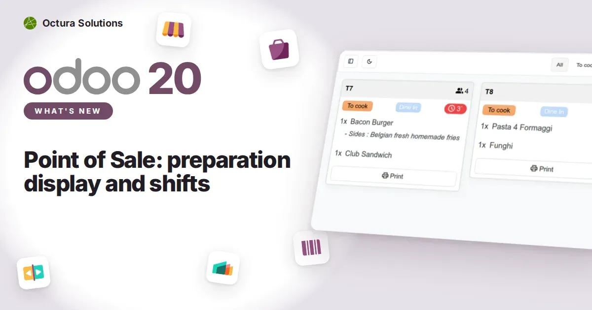 Point of Sale: preparation display and shifts: Odoo 20 screenshot behind the article title