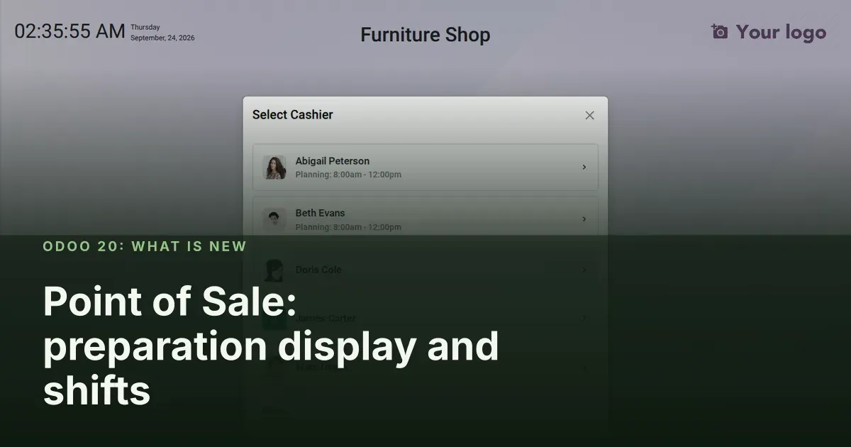 Point of Sale: preparation display and shifts: Odoo 20 screenshot behind the article title