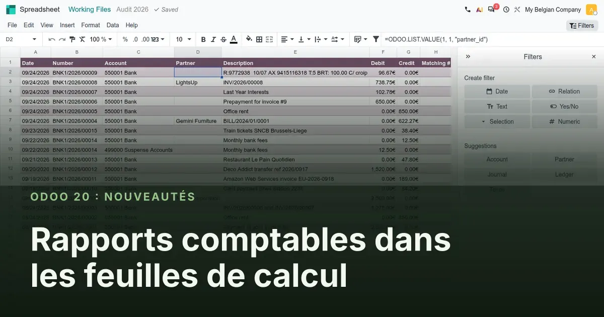 Rapports comptables dans les feuilles de calcul : capture d'écran d'Odoo 20 derrière le titre de l'article