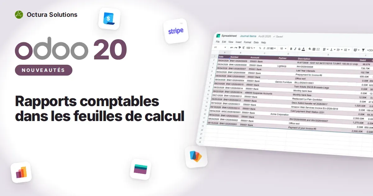 Rapports comptables dans les feuilles de calcul : capture d'écran d'Odoo 20 derrière le titre de l'article