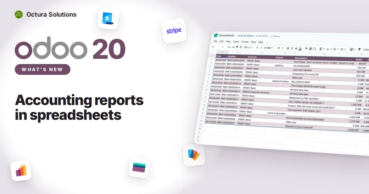 Accounting reports in spreadsheets: Odoo 20 screenshot behind the article title